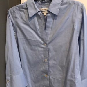 Blue V-neck button down blouse Non iron stretch